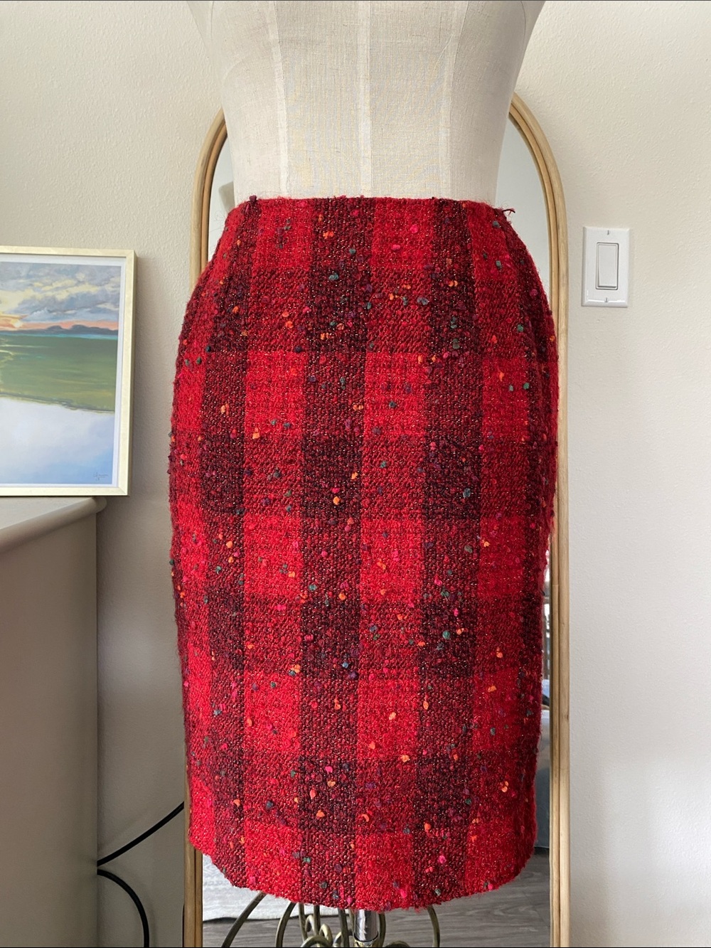 Vintage 1990s Emmanuelle Khanh Paris Red Bouclé Tweed Pencil Skirt